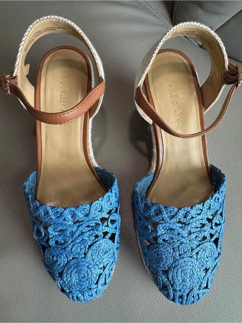 Talbots Blue Raffia Espadrille Wedge Sandals Women’s Size 6M Leather Ankle Strap